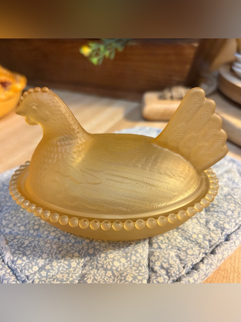 Vintage Yellow Glass Hen on Nest Dish